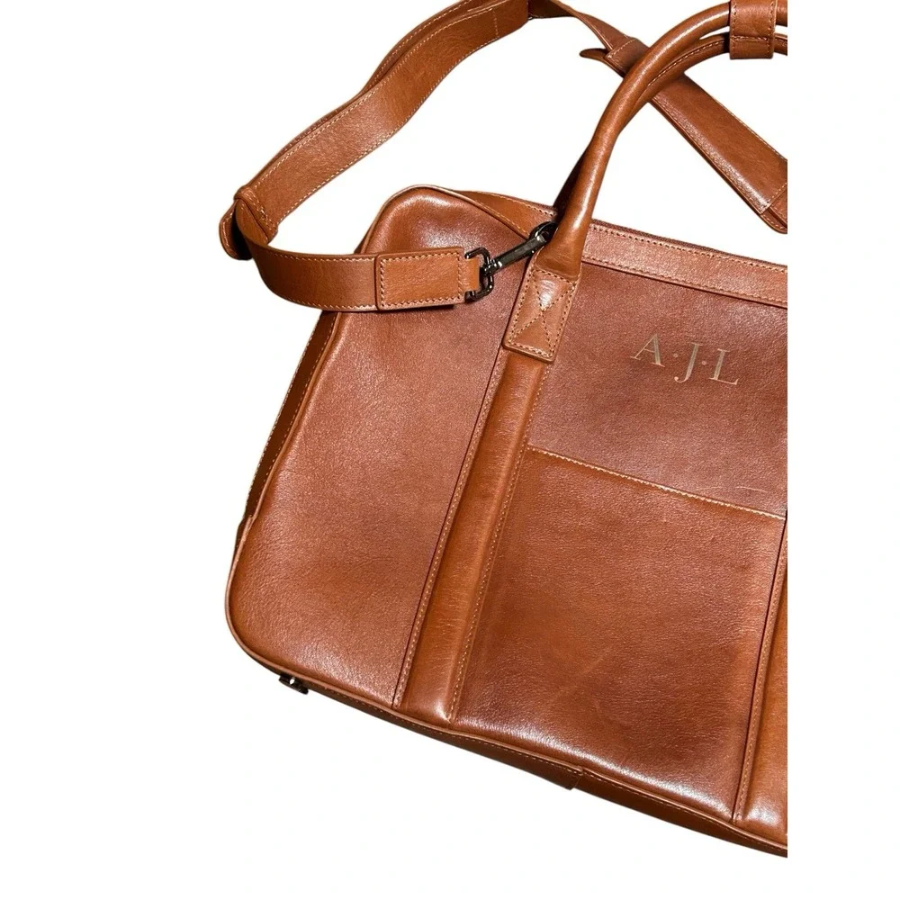 Mark & Graham Laptop Bag Crossbody Camel Brown Leather Tech‎ Organizer READ